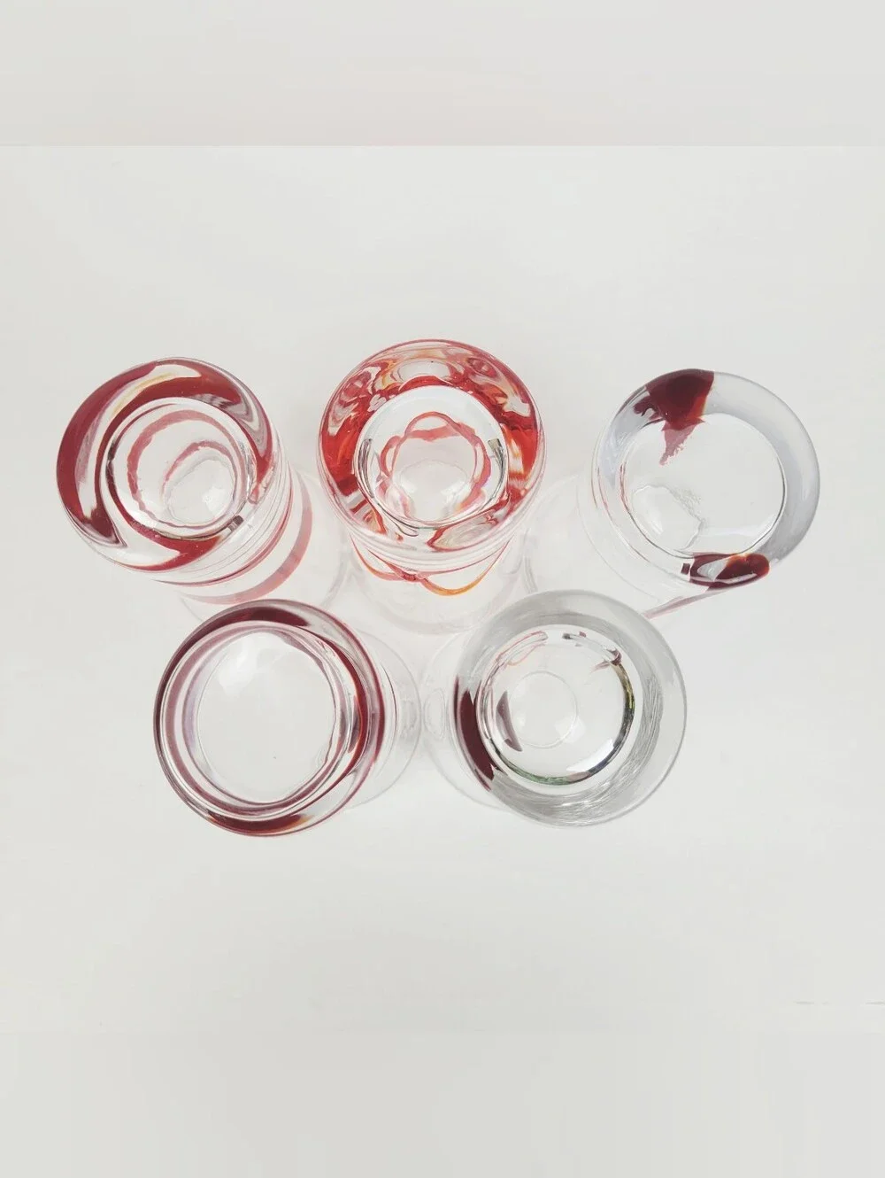 Pier 1 Red Swirline Shot Glasses~2 oz Clear Shooters~Retired~Set of 5~EUC